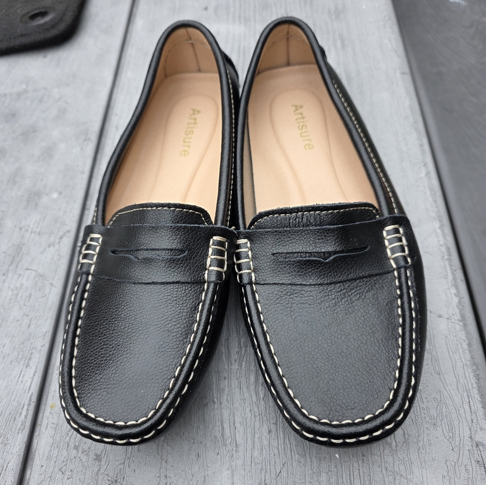 Black Leather Loafers Comfortable Flats